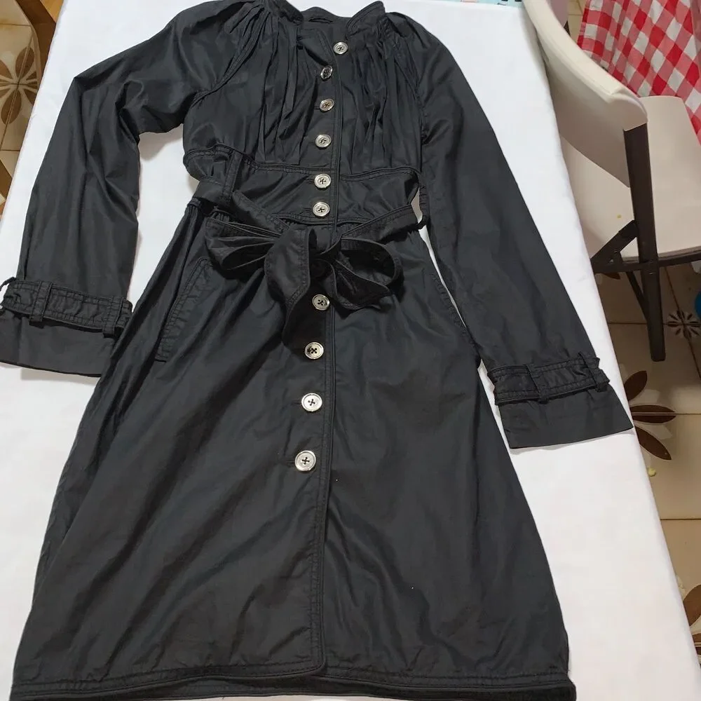 WOMEN'S Catherine Malandrino y2k black cotton and silk Trench coat pleatedSIZE P - Picture 4 of 10